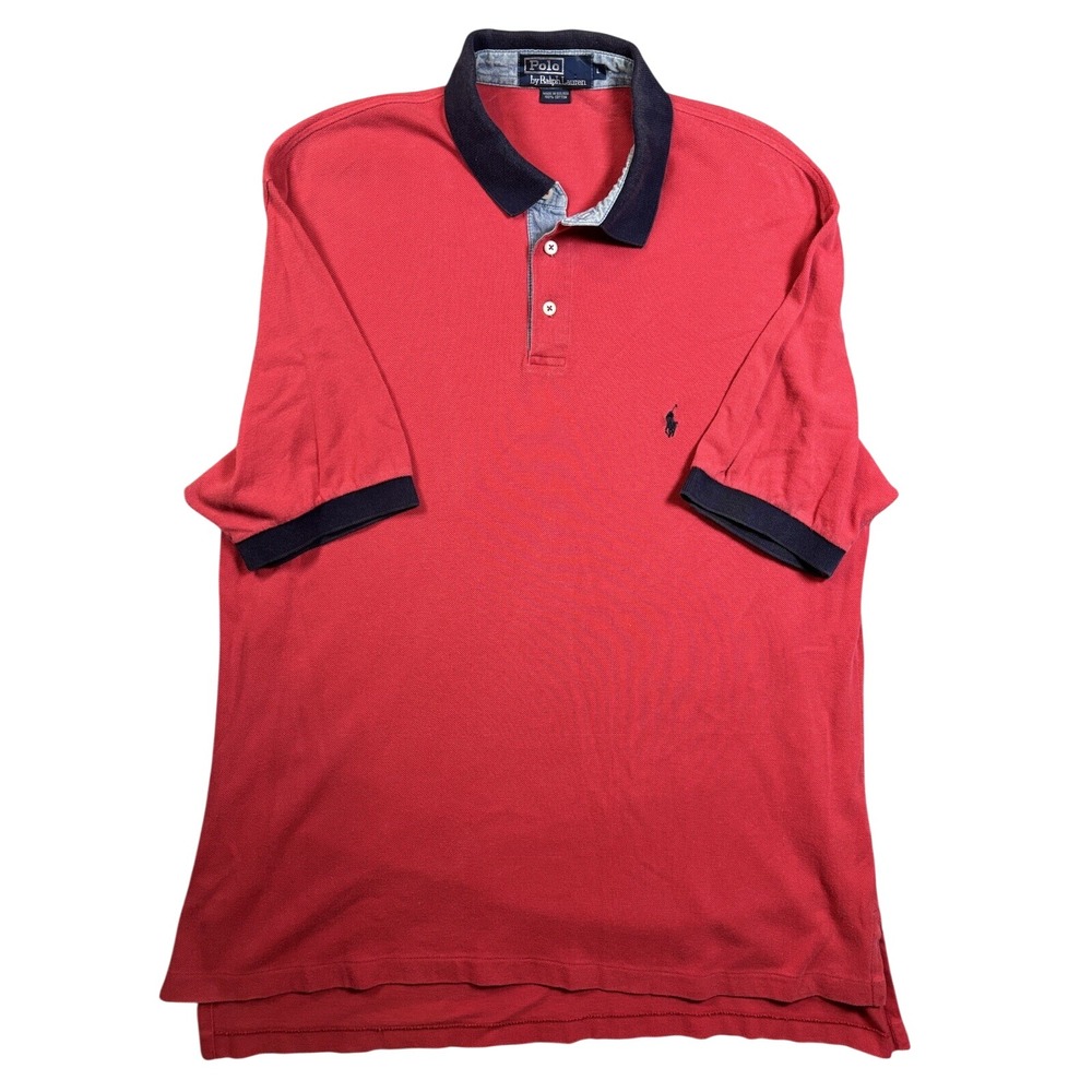 Polo Ralph Lauren Large Red Navy Blue Short Sleeve Pique Polo Shirt Denim Collar